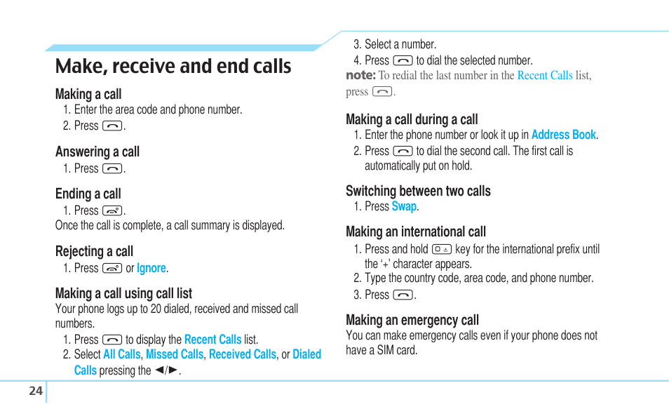 Make, receive and end calls | Pantech Reveal User Manual | Page 26 / 186