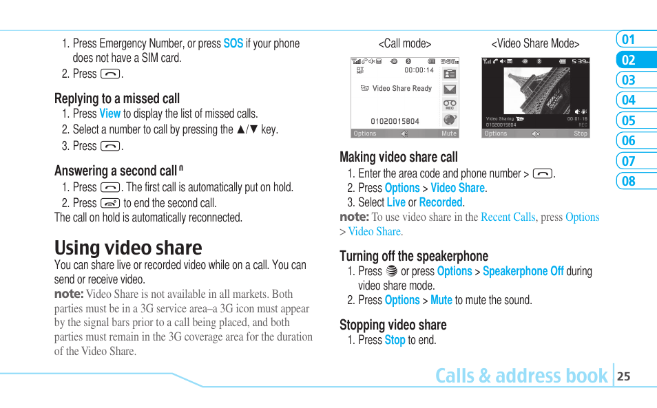 Calls & address book, Using video share | Pantech Reveal User Manual | Page 27 / 186