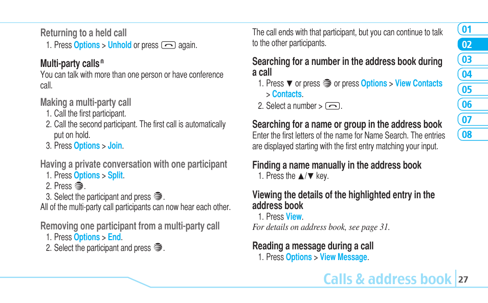 Calls & address book | Pantech Reveal User Manual | Page 29 / 186