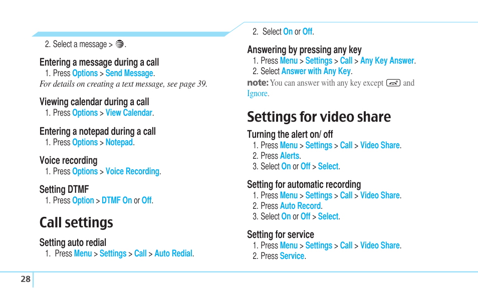 Call settings, Settings for video share | Pantech Reveal User Manual | Page 30 / 186