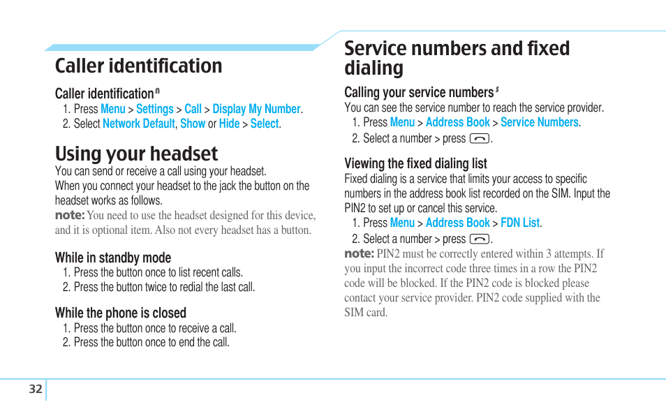 Caller identification, Using your headset, Service numbers and fixed dialing | Pantech Reveal User Manual | Page 34 / 186