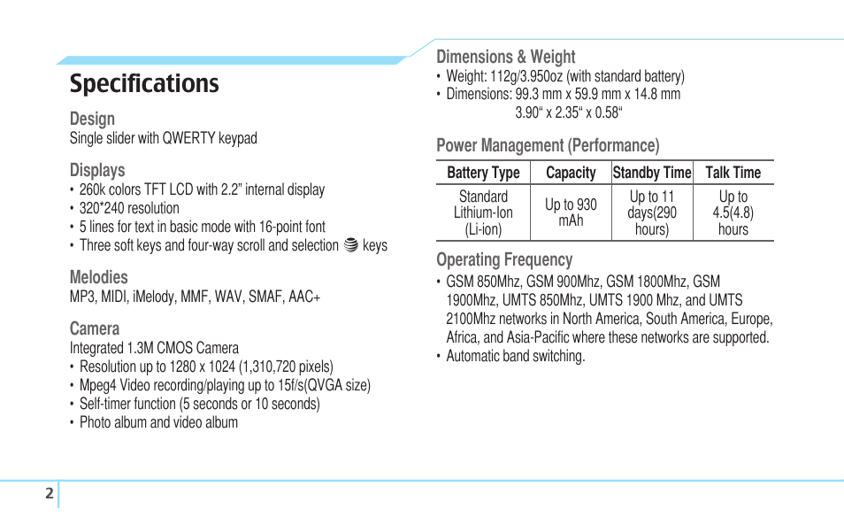 Specifications | Pantech Reveal User Manual | Page 4 / 186