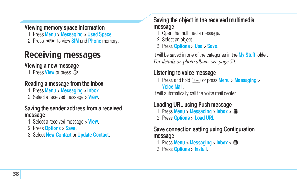 Receiving messages | Pantech Reveal User Manual | Page 40 / 186