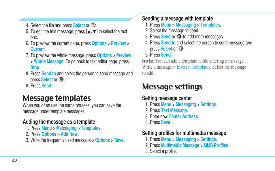 Message templates, Message settings | Pantech Reveal User Manual | Page 44 / 186