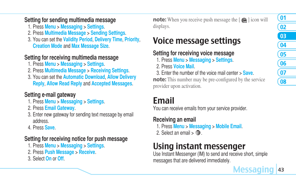 Messaging, Voice message settings, Email | Using instant messenger | Pantech Reveal User Manual | Page 45 / 186