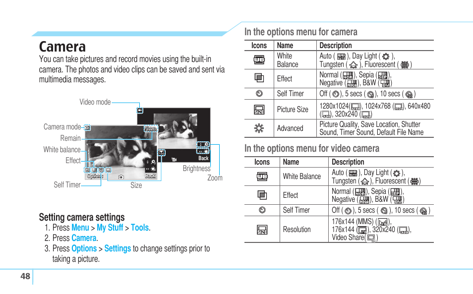 Camera, Setting camera settings | Pantech Reveal User Manual | Page 50 / 186