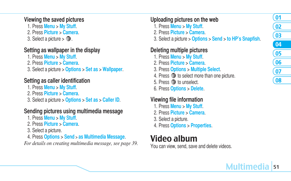 Multimedia, Video album | Pantech Reveal User Manual | Page 53 / 186