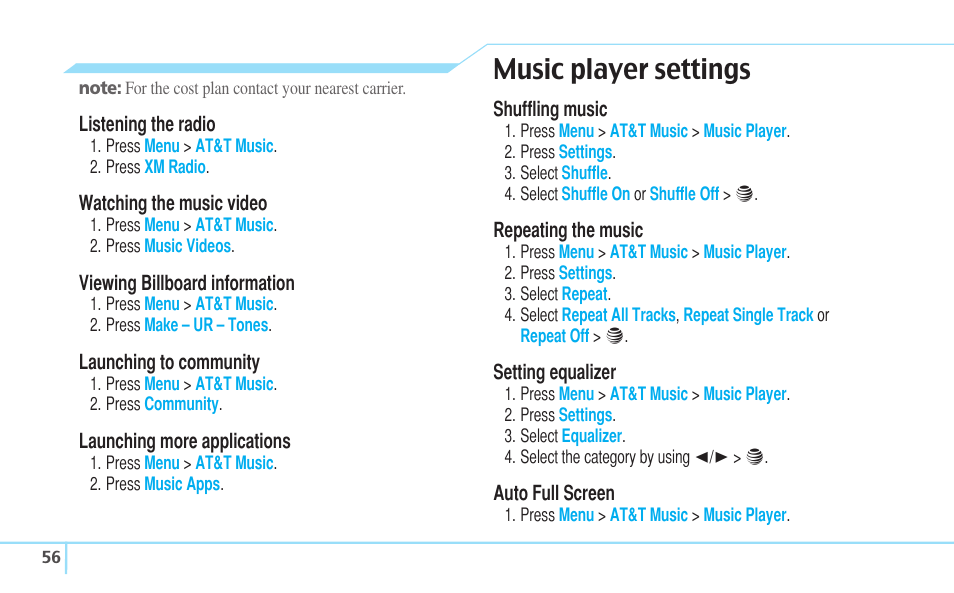 Music player settings | Pantech Reveal User Manual | Page 58 / 186