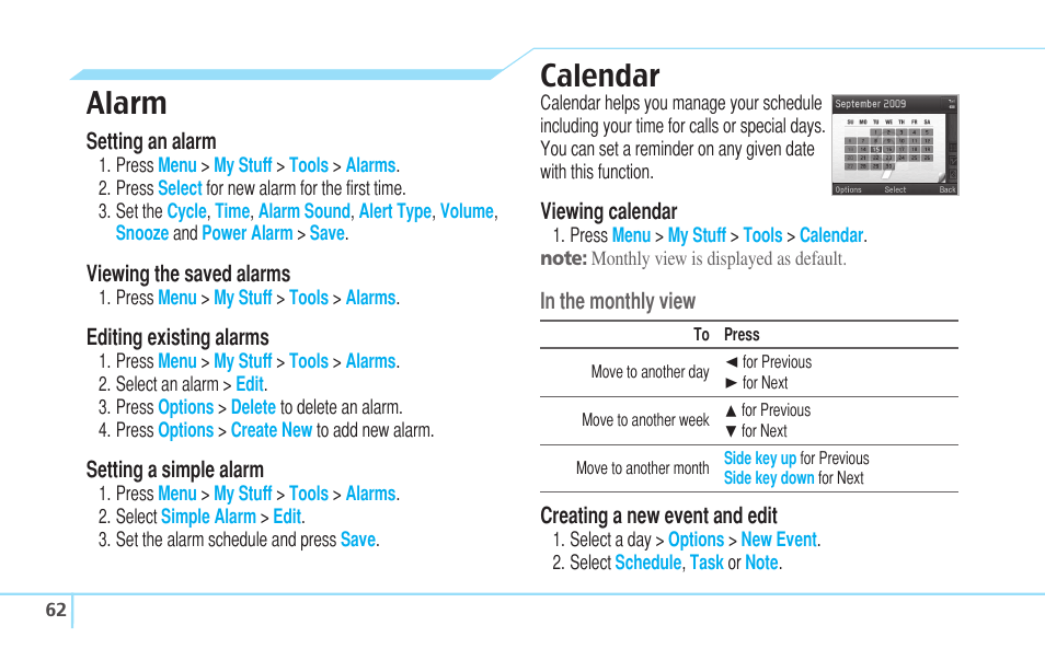 Alarm, Calendar | Pantech Reveal User Manual | Page 64 / 186