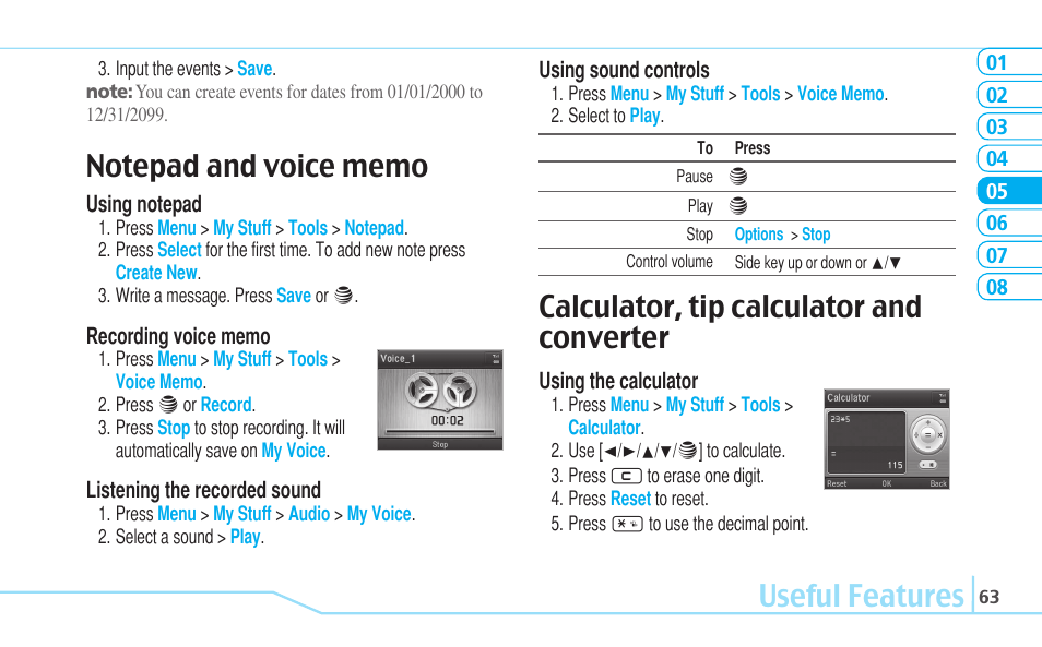 Useful features, Calculator, tip calculator and converter | Pantech Reveal User Manual | Page 65 / 186