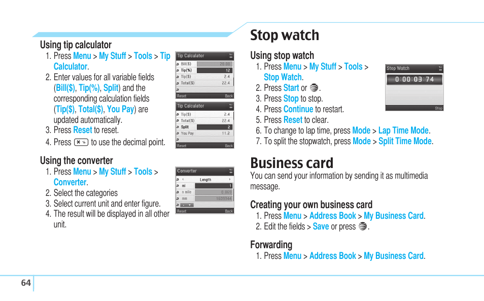 Stop watch, Business card | Pantech Reveal User Manual | Page 66 / 186