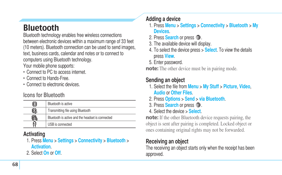 Bluetooth | Pantech Reveal User Manual | Page 70 / 186