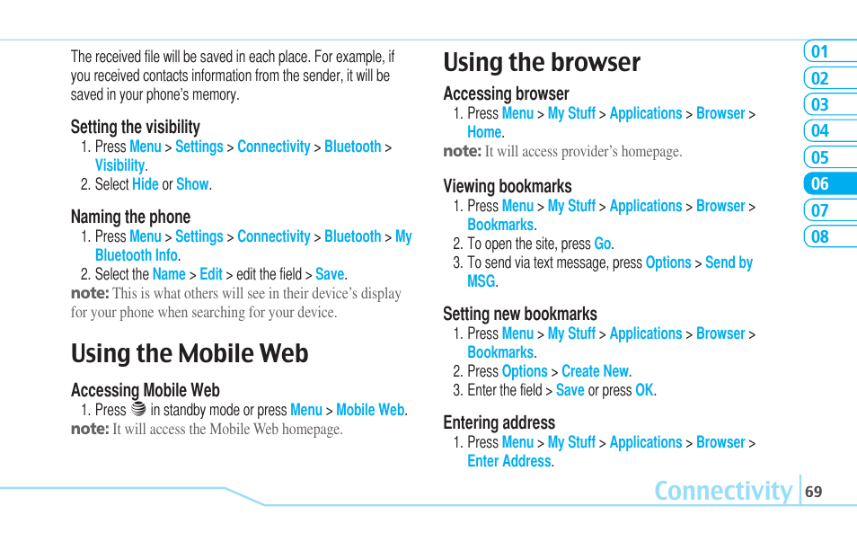 Connectivity, Using the mobile web, Using the browser | Pantech Reveal User Manual | Page 71 / 186