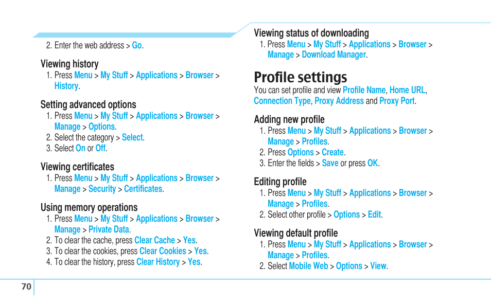 Profile settings | Pantech Reveal User Manual | Page 72 / 186