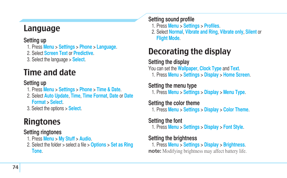 Language, Time and date, Ringtones | Decorating the display | Pantech Reveal User Manual | Page 76 / 186