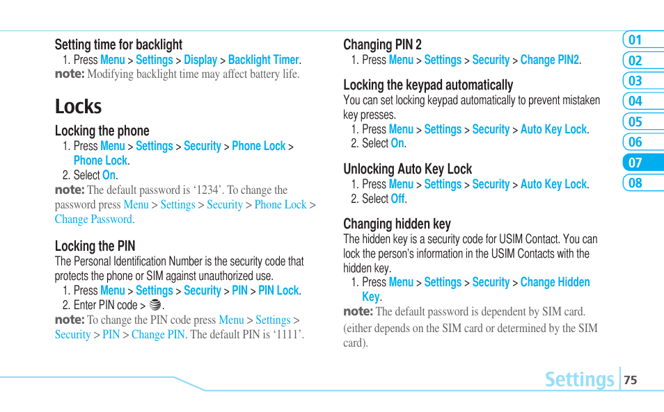 Settings, Locks | Pantech Reveal User Manual | Page 77 / 186