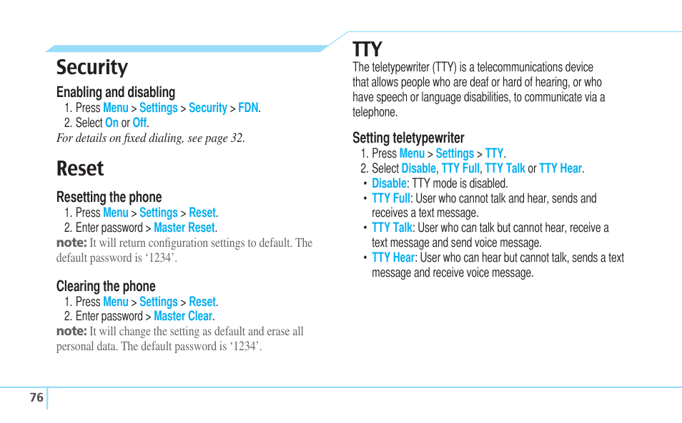 Security, Reset | Pantech Reveal User Manual | Page 78 / 186