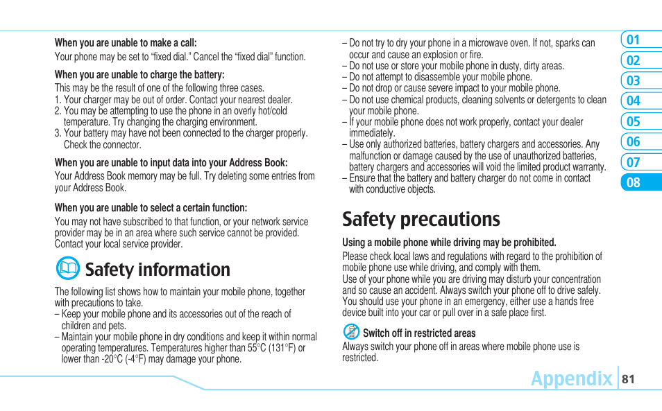 Appendix, Safety precautions, Safety information | Pantech Reveal User Manual | Page 83 / 186