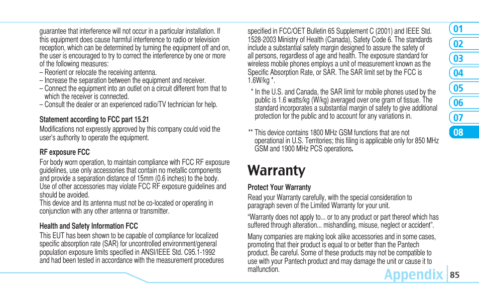 Appendix, Warranty | Pantech Reveal User Manual | Page 87 / 186