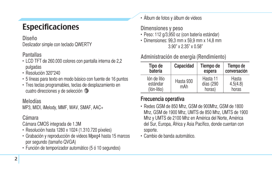 Especificaciones | Pantech Reveal User Manual | Page 94 / 186