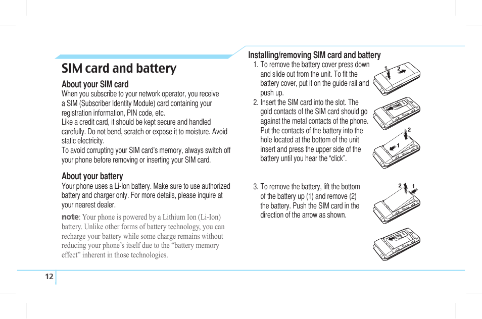 Sim card and battery | Pantech Lena C610 User Manual | Page 12 / 82