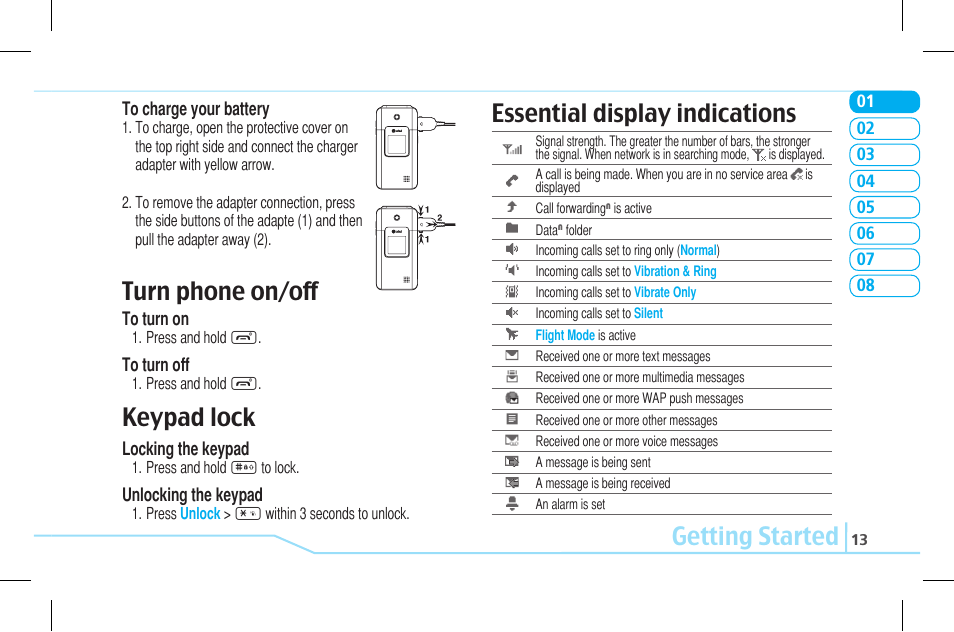 Getting started essential display indications, Turn phone on/off, Keypad lock | Pantech Lena C610 User Manual | Page 13 / 82