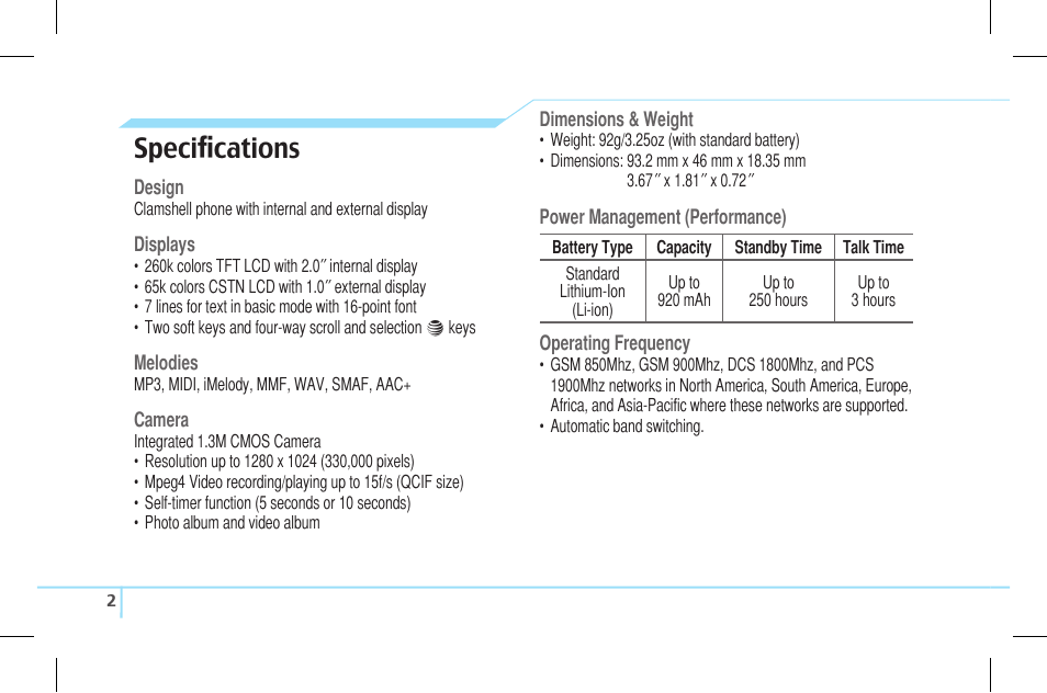 Speciﬁcations | Pantech Lena C610 User Manual | Page 2 / 82