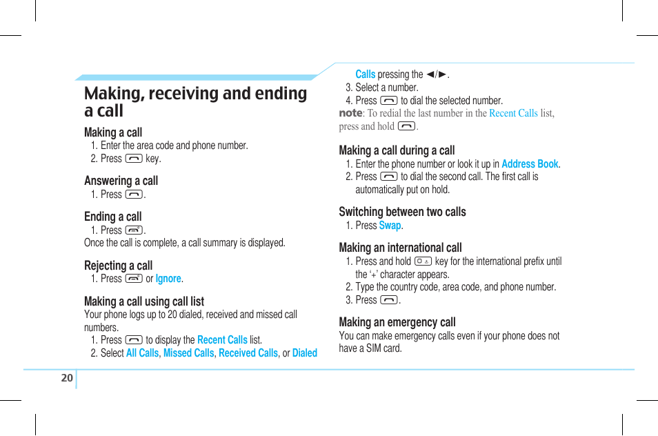 Making, receiving and ending a call | Pantech Lena C610 User Manual | Page 20 / 82