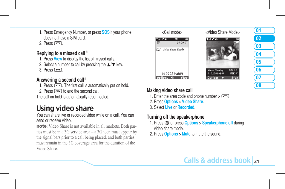 Calls & address book, Using video share | Pantech Lena C610 User Manual | Page 21 / 82