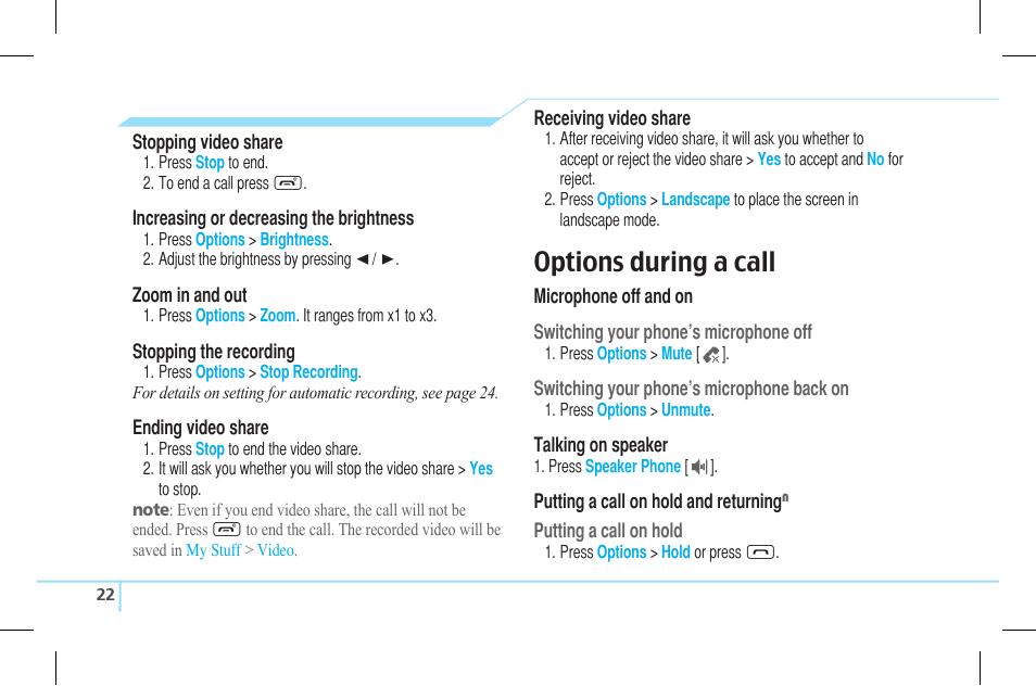 Options during a call | Pantech Lena C610 User Manual | Page 22 / 82