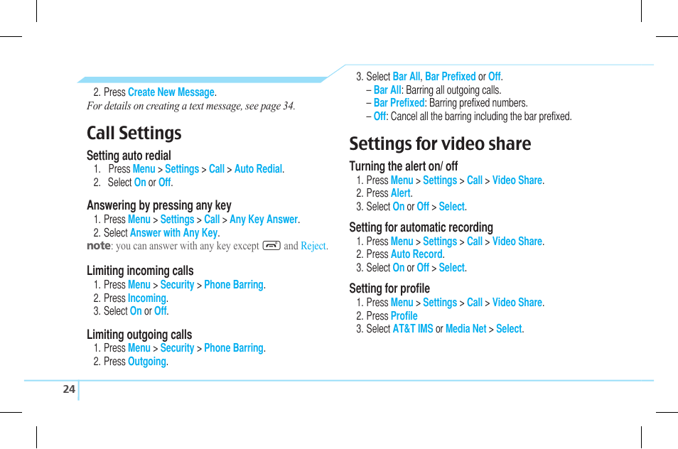 Call settings, Settings for video share | Pantech Lena C610 User Manual | Page 24 / 82