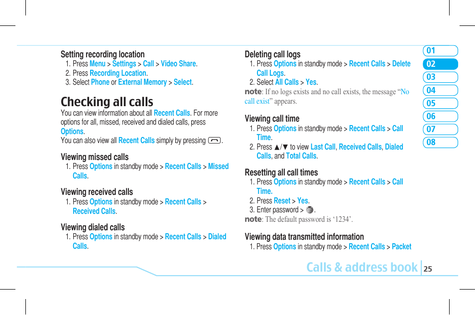 Calls & address book, Checking all calls | Pantech Lena C610 User Manual | Page 25 / 82