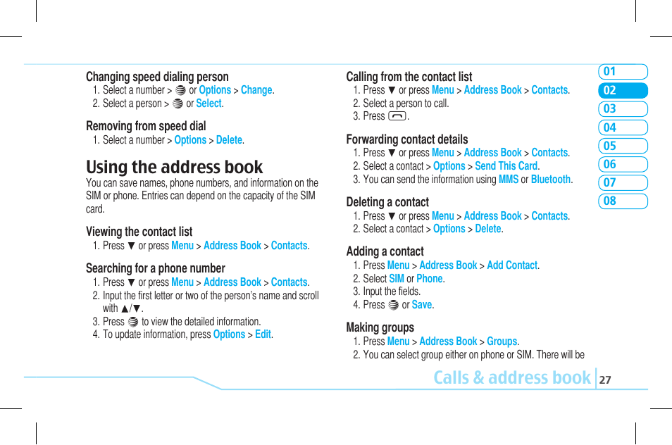 Calls & address book, Using the address book | Pantech Lena C610 User Manual | Page 27 / 82