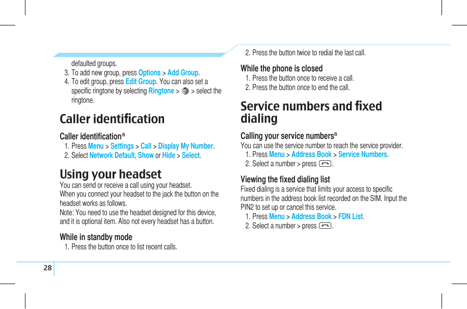 Caller identiﬁcation, Using your headset, Service numbers and ﬁxed dialing | Pantech Lena C610 User Manual | Page 28 / 82