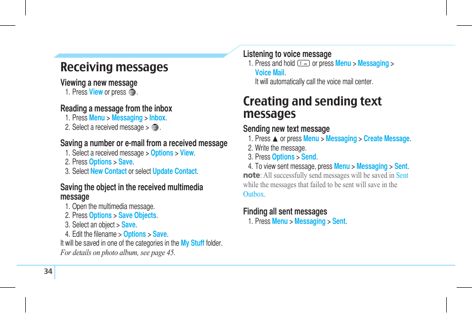 Receiving messages, Creating and sending text messages | Pantech Lena C610 User Manual | Page 34 / 82