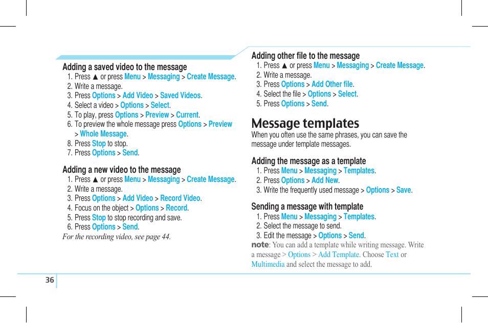 Message templates | Pantech Lena C610 User Manual | Page 36 / 82