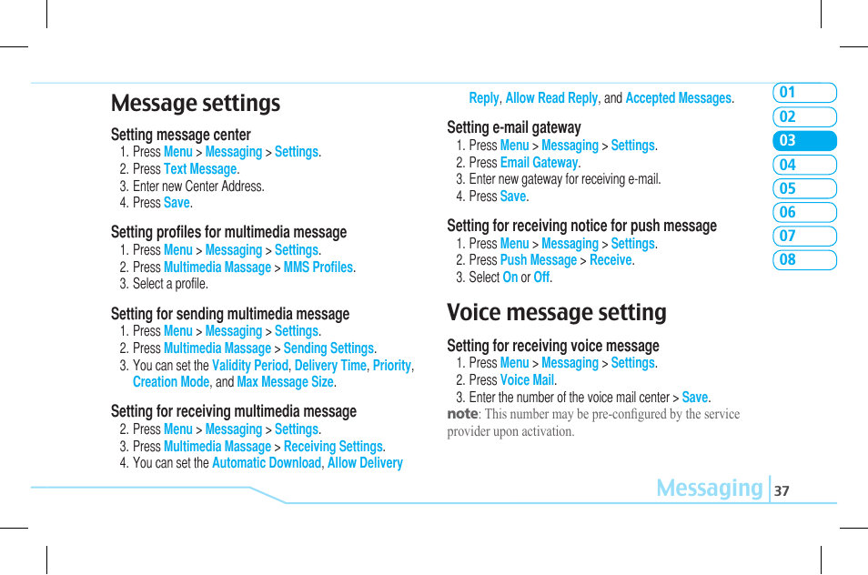 Messaging message settings, Voice message setting | Pantech Lena C610 User Manual | Page 37 / 82