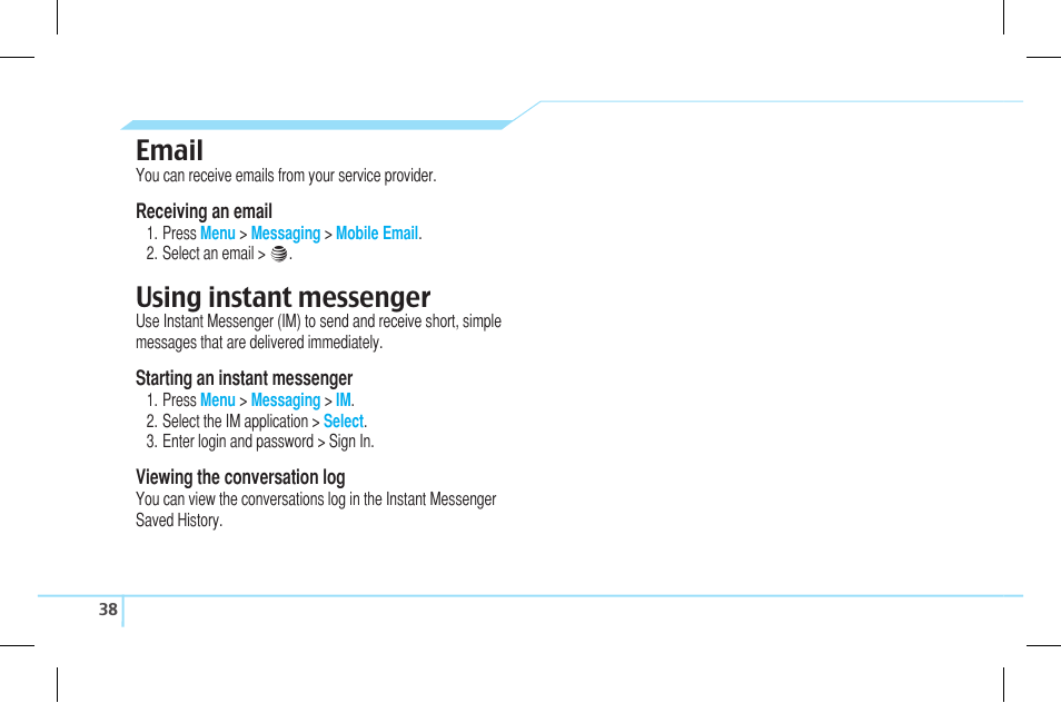 Email, Using instant messenger | Pantech Lena C610 User Manual | Page 38 / 82