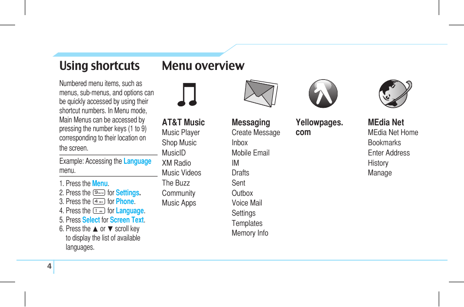 Using shortcuts menu overview | Pantech Lena C610 User Manual | Page 4 / 82