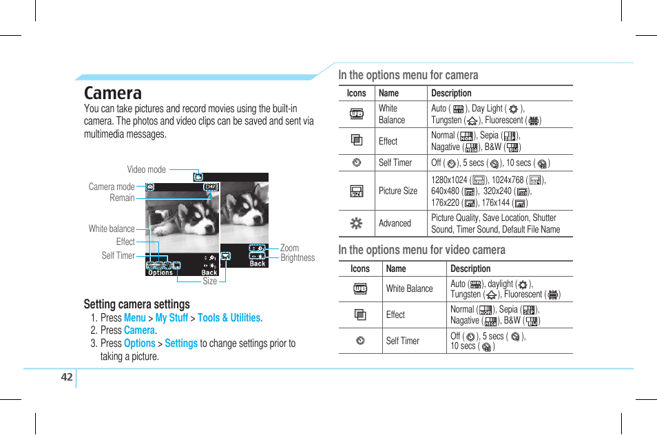 Camera | Pantech Lena C610 User Manual | Page 42 / 82