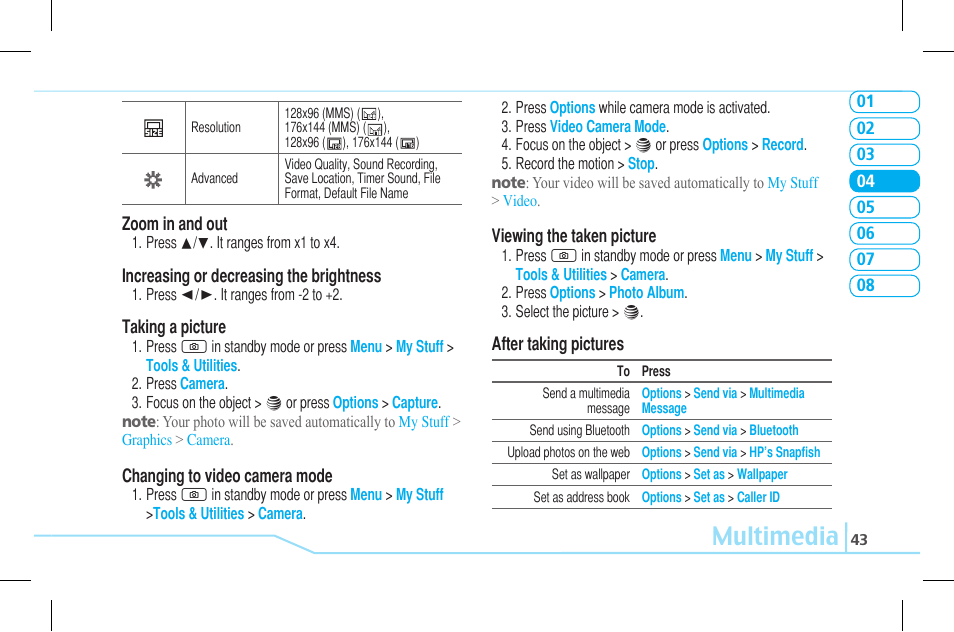 Multimedia | Pantech Lena C610 User Manual | Page 43 / 82