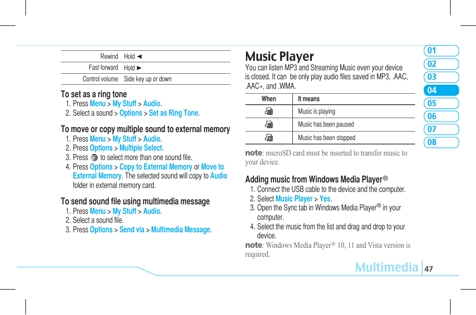Multimedia, Music player | Pantech Lena C610 User Manual | Page 47 / 82