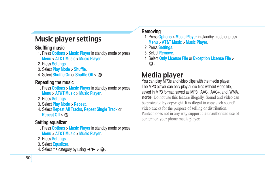 Music player settings, Media player | Pantech Lena C610 User Manual | Page 50 / 82