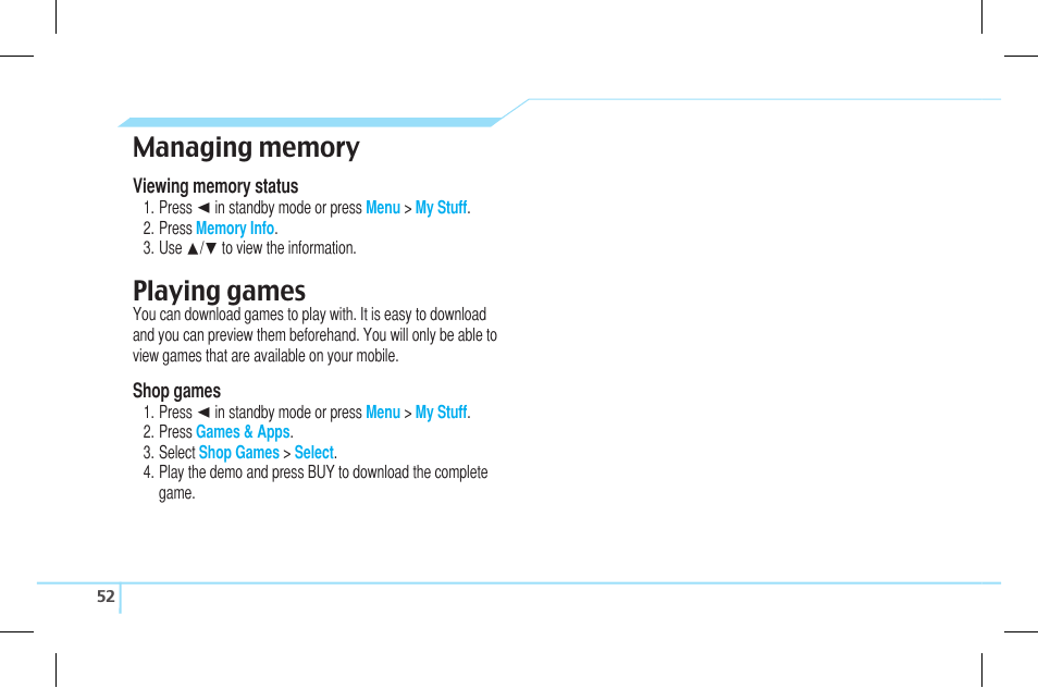 Playing games | Pantech Lena C610 User Manual | Page 52 / 82