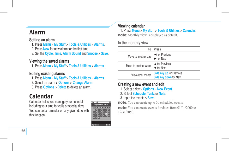 Alarm, Calendar | Pantech Lena C610 User Manual | Page 56 / 82