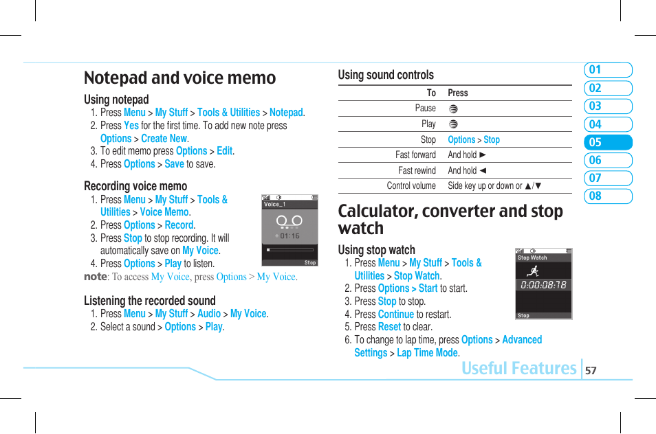 Useful features, Calculator, converter and stop watch | Pantech Lena C610 User Manual | Page 57 / 82