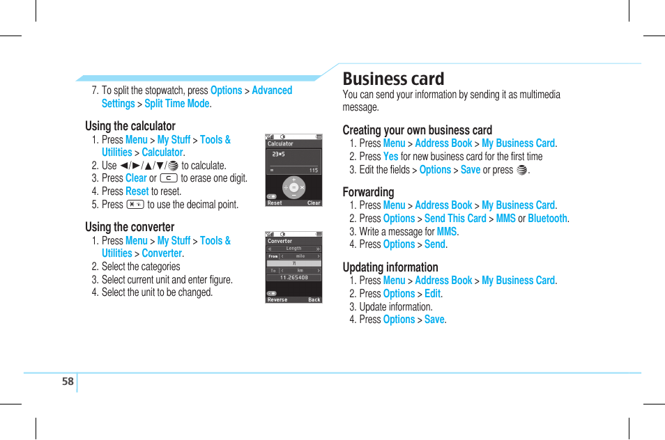 Business card | Pantech Lena C610 User Manual | Page 58 / 82