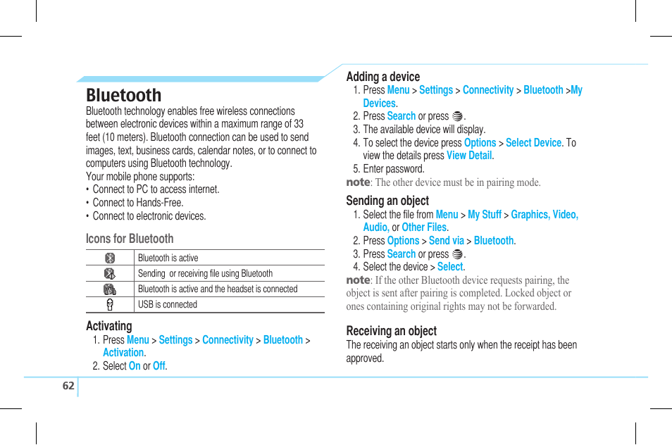 Bluetooth | Pantech Lena C610 User Manual | Page 62 / 82