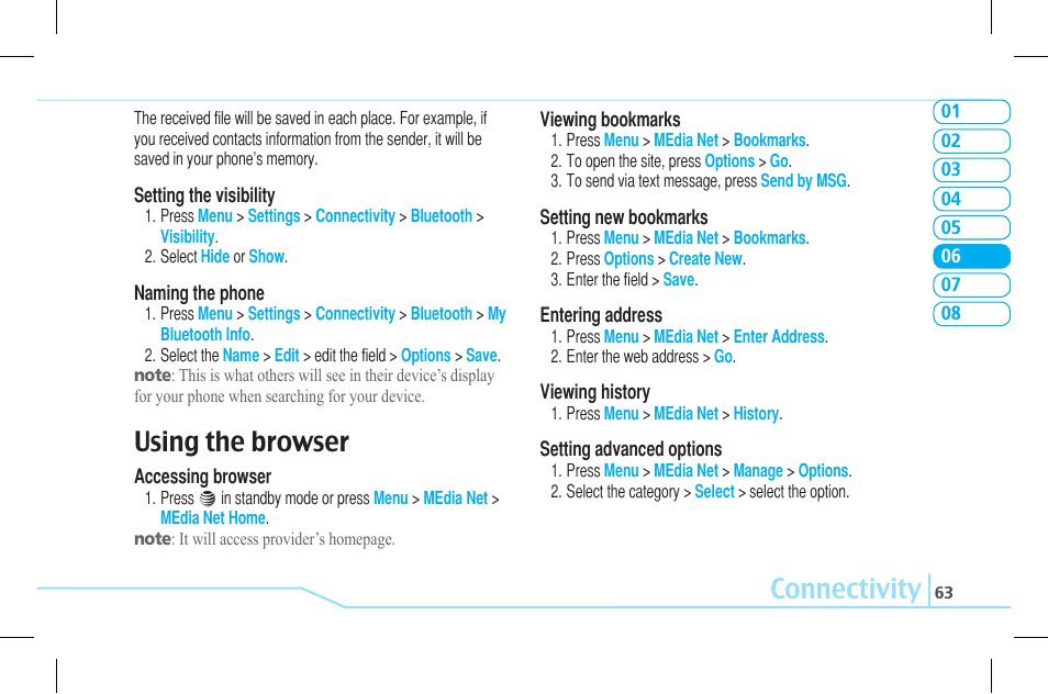 Connectivity, Using the browser | Pantech Lena C610 User Manual | Page 63 / 82
