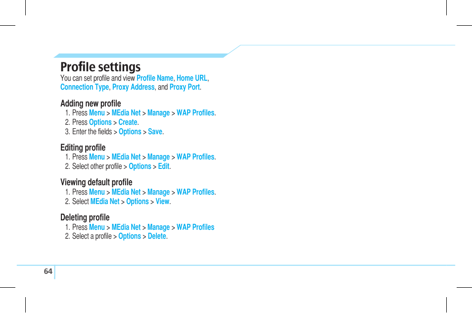 Proﬁle settings | Pantech Lena C610 User Manual | Page 64 / 82